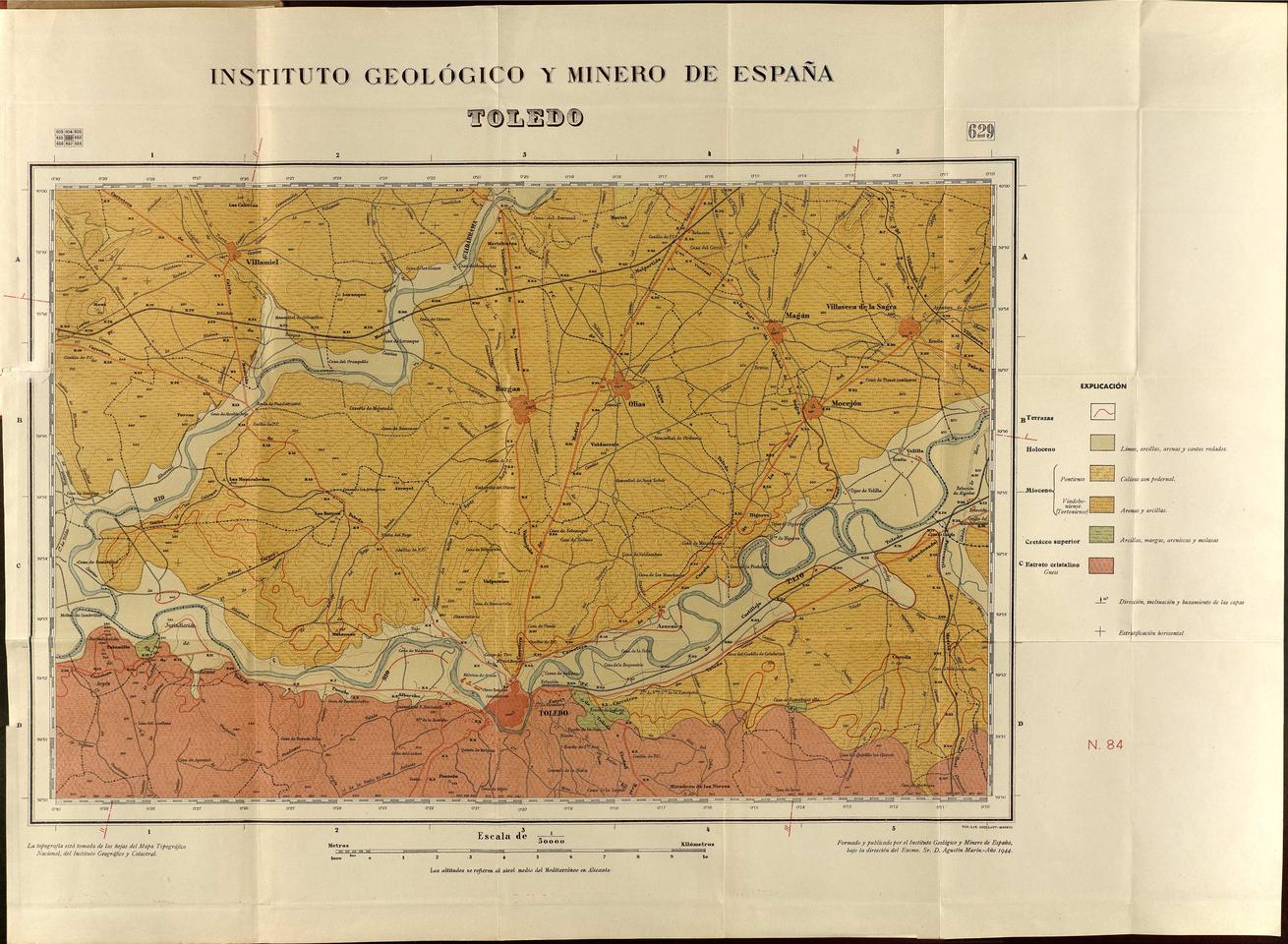 Toledo : [mapa geológico] / formado y publicado por el Instituto Geológico y Minero de España bajo la dirección del Excmo. Sr. D. Agustín Marín.-. [Imagen]
